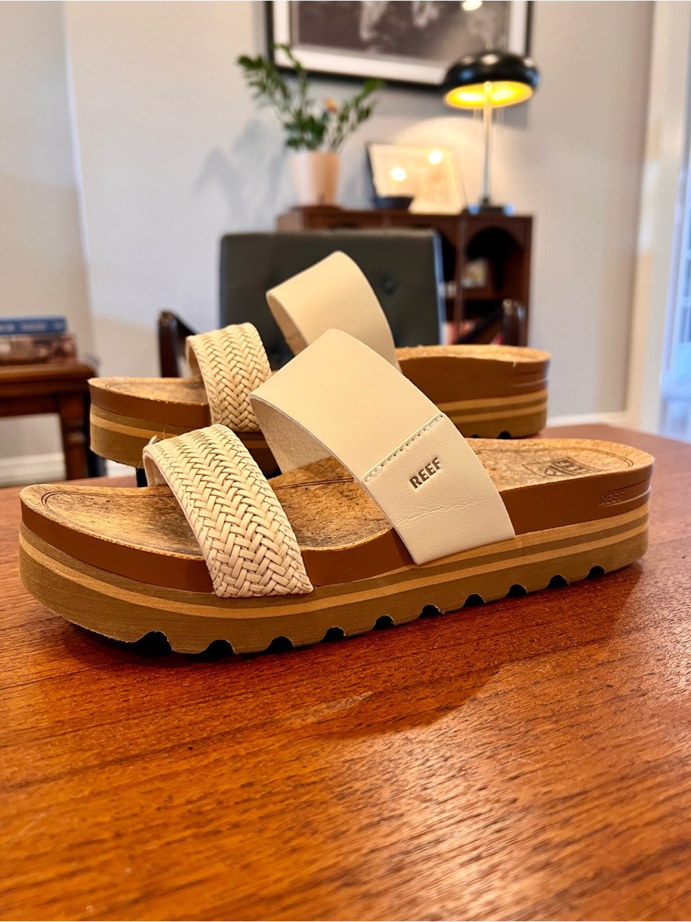 Reef Women's Vista Hi Cream Two-Strap Platform Slide Sandals Cork Footbed